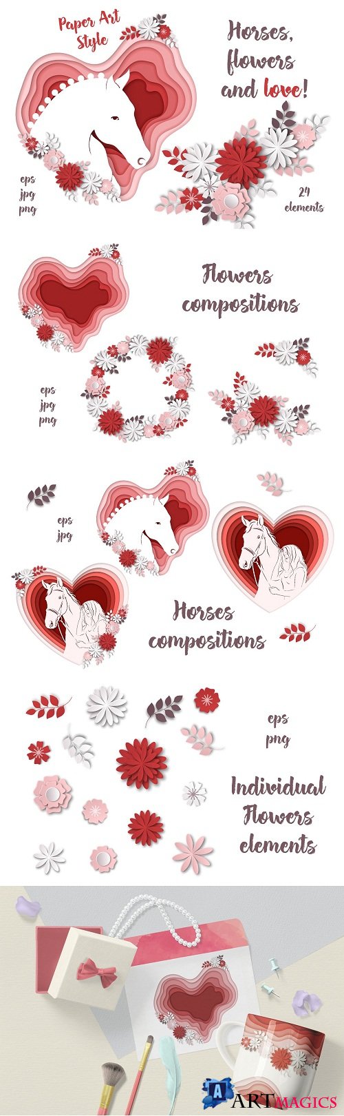 Horses, flowers & love  Paper Art - 2452821