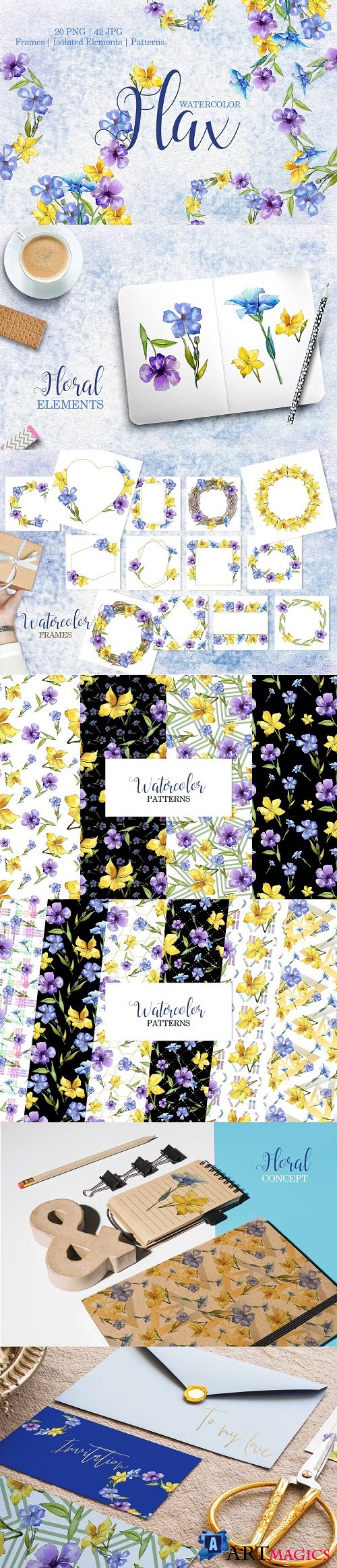 Flax Blue-yellow fowers Watercolor - 3467664