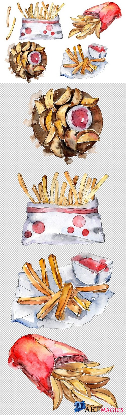 French fries with sauce Watercolor  - 3476828