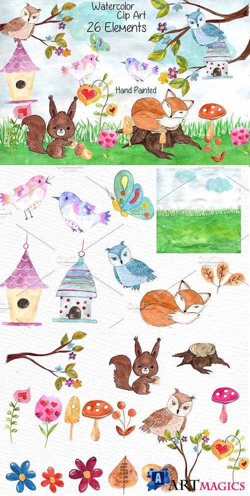 Watercolor forest animals clip art - 638653