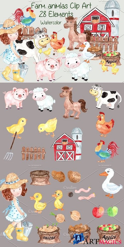 Watercolor farm animals clipart - 638595
