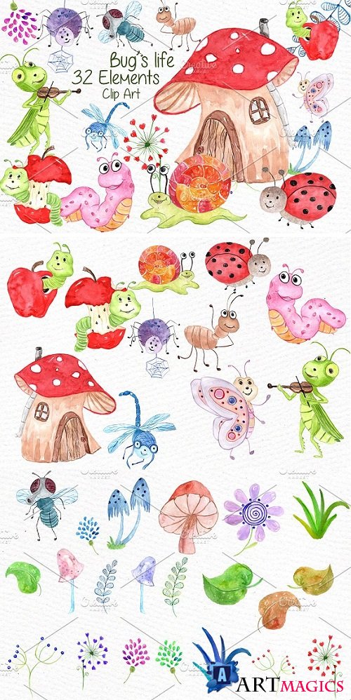 Watercolor bugs clipart - 638644