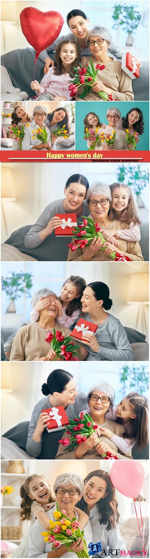 Happy women's day, grandma, mum and girl smiling and hugging