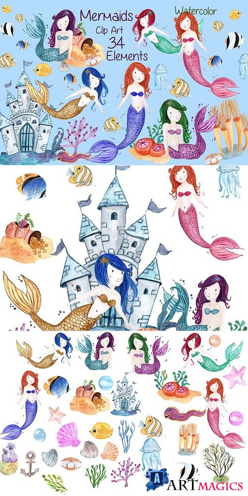Watercolor Mermaids clip art - 638578