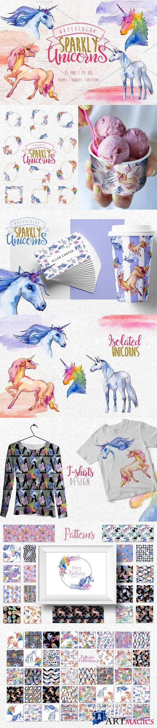 Watercolor Sparkly unicorns PNG set - 3063188