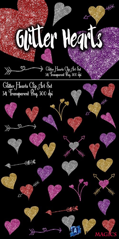 Glitter Valentine Hearts Clip Art - PNG - 56193