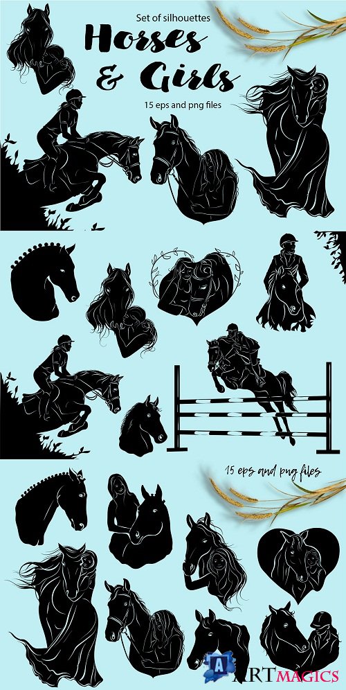 Horses & girls - silhouettes set - 2834712