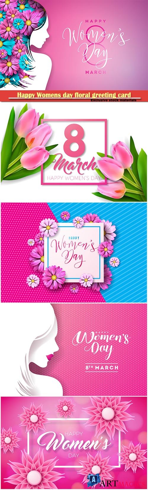 Happy Womens day floral greeting card, international female holiday Illustration, 8 March
