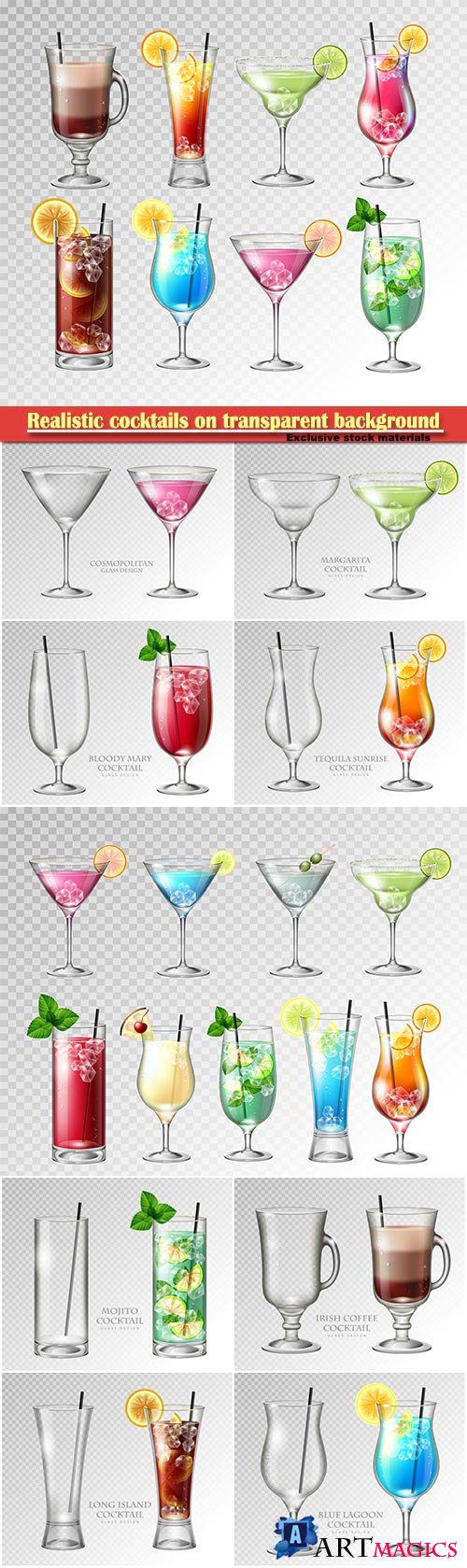 Realistic cocktails on transparent background vector illustration