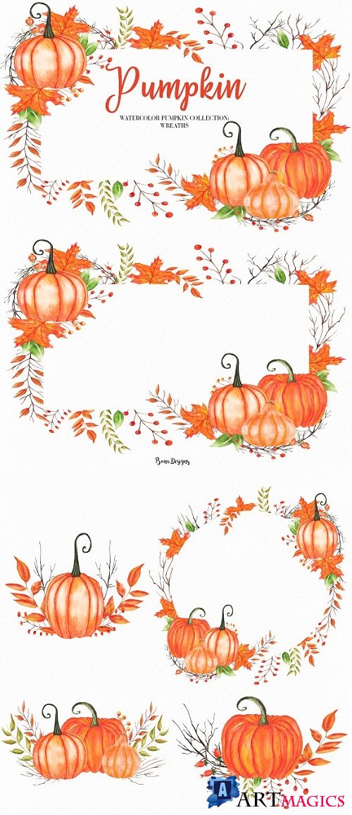 Watercolor Pumpkin Wreath Clipart - 2199992