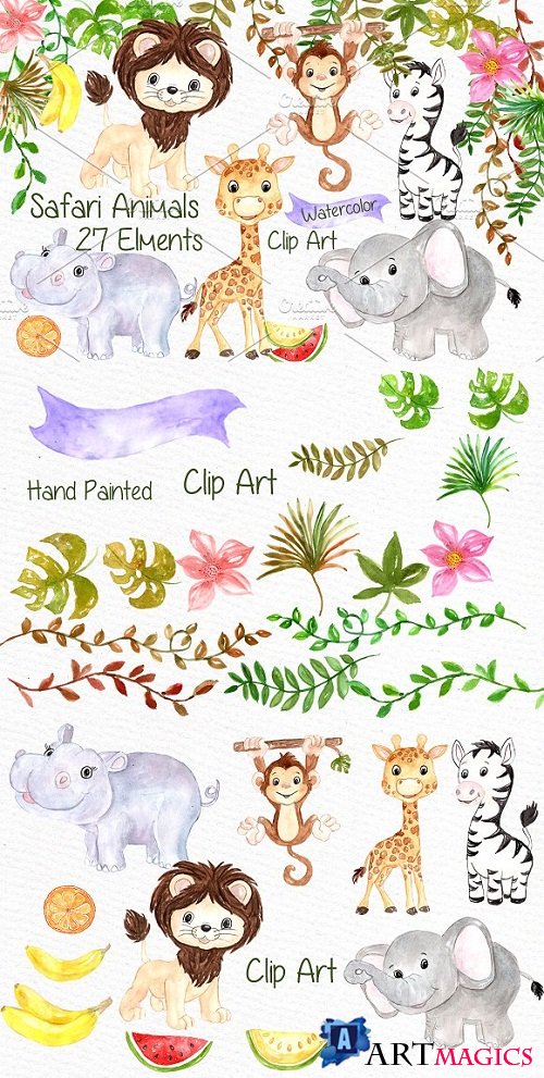 Watercolor Safari animals clipart - 638732