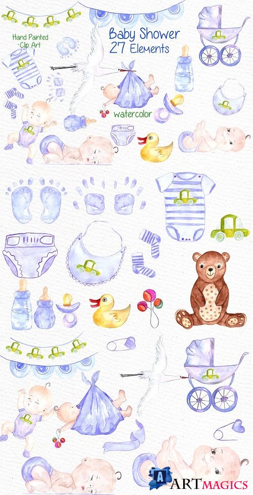 Watercolor boy baby shower clipart - 638473