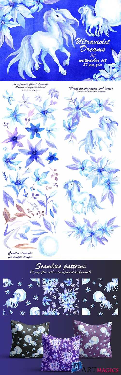 Ultraviolet dreams. Watercolor horses and flowers - 61128