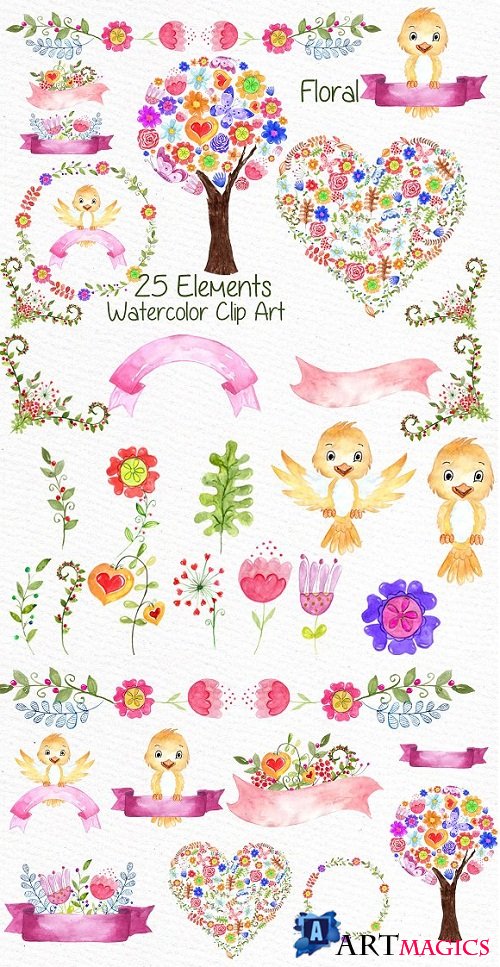 Watercolor kids floral clipart - 638508