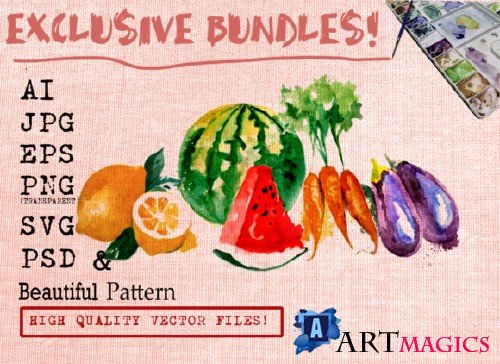 FRUITS AND VEGETABLES WATERCOLORS SET