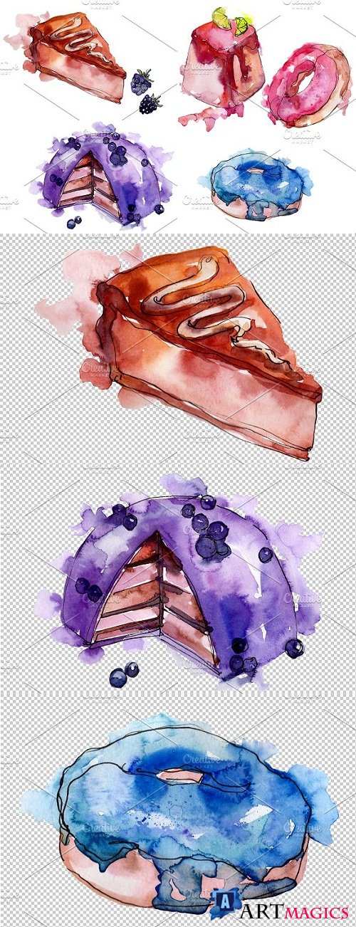 Dessert with blueberries Watercolor - 3508166