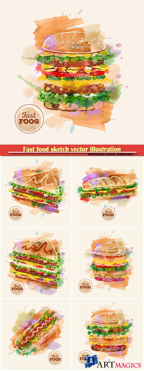 Fast food sketch vector illustration, watercolor hamburger or sandwich