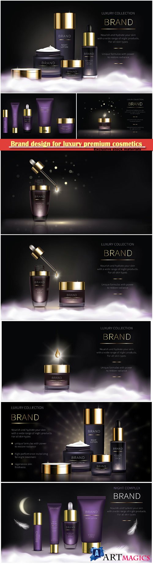 Brand design for luxury premium cosmetics, series for face skin care, realistic vector