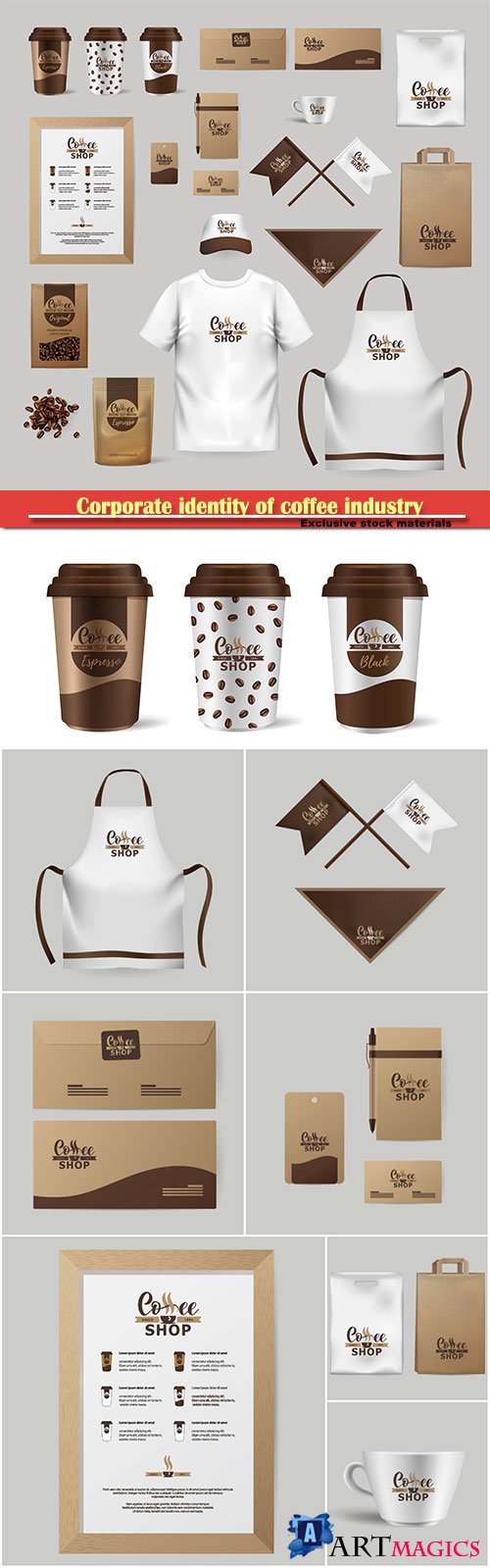 Corporate identity of coffee industry, realistic branding mock up template for cafe, coffee shop