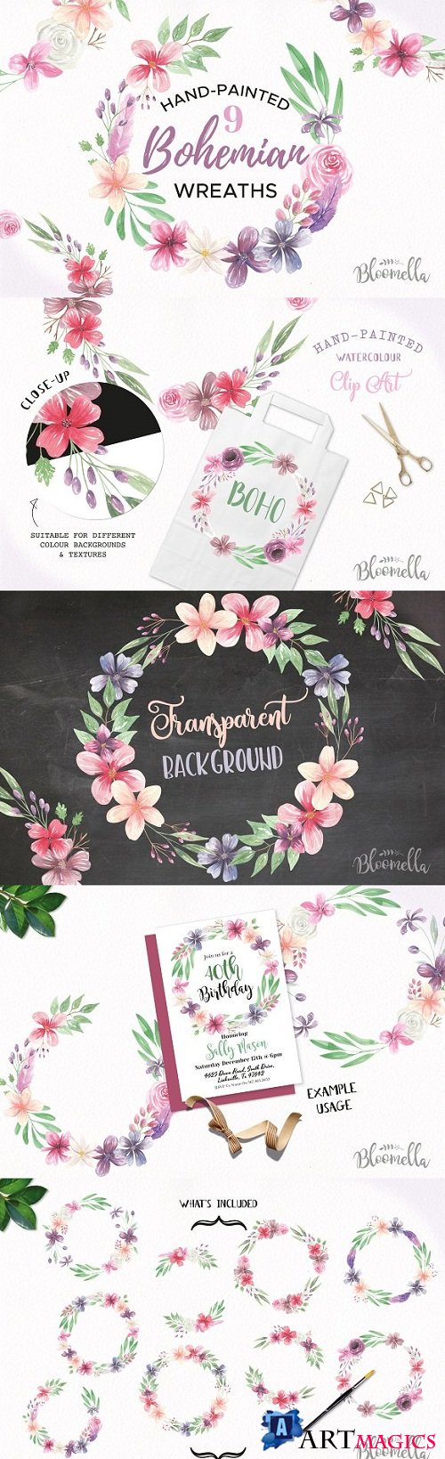 Bohemian Floral Wreath Clipart Set - 2573891