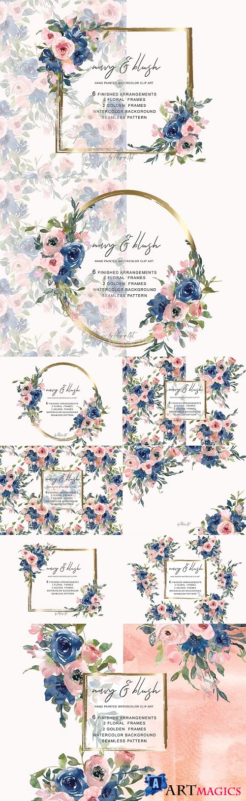 Watercolor Navy and Blush Floral Bou - 3520459