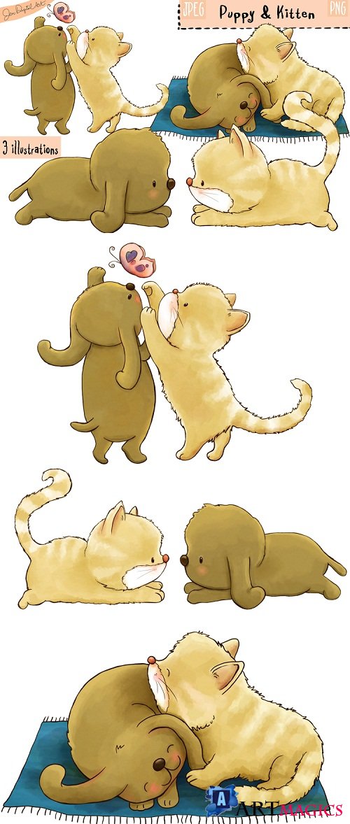 Puppy And Kitten - Clip art illustrations - PNG-JPEG - 110316