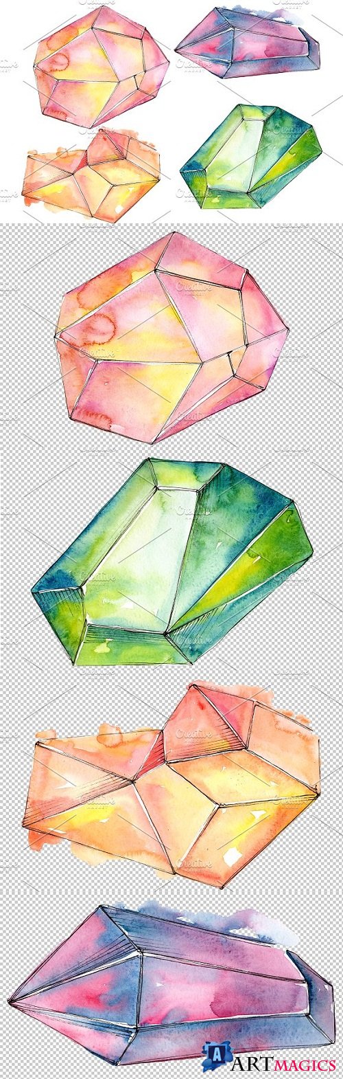 Crystals orange and green Watercolor - 3537998