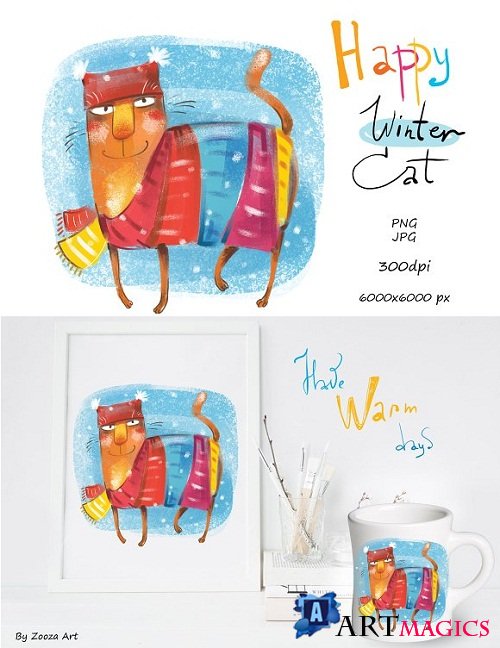 Happy Winter Cat - illustration - 3185594