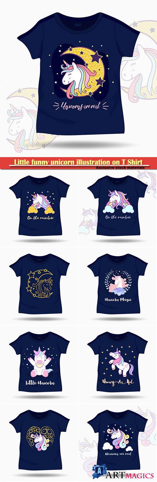 Little funny unicorn illustration on T Shirt kids template