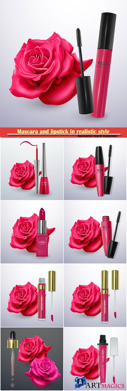 Mascara and lipstick in realistic style on red rose vector background