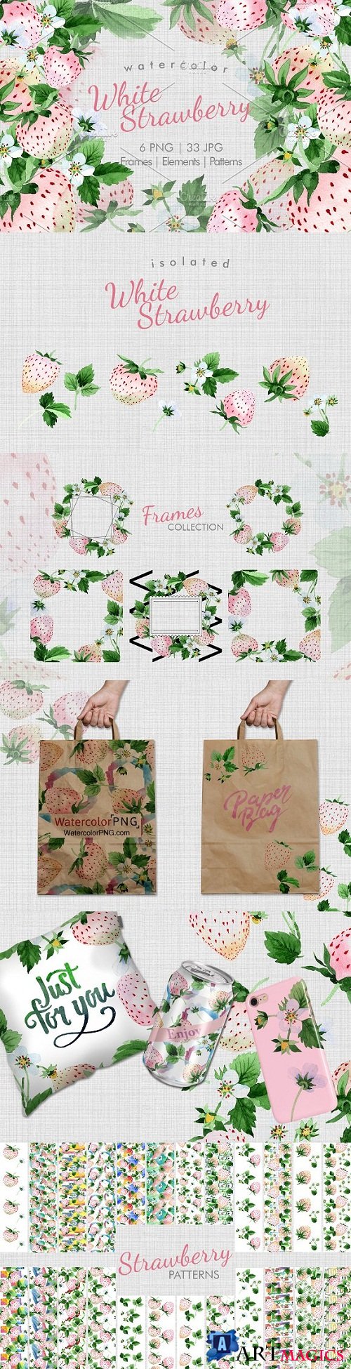 White Strawberry PNG watercolor set - 2960734