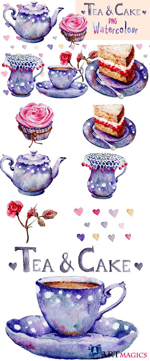 Tea and Cake - Watercolour clip art - Hand painted PNG - 100884
