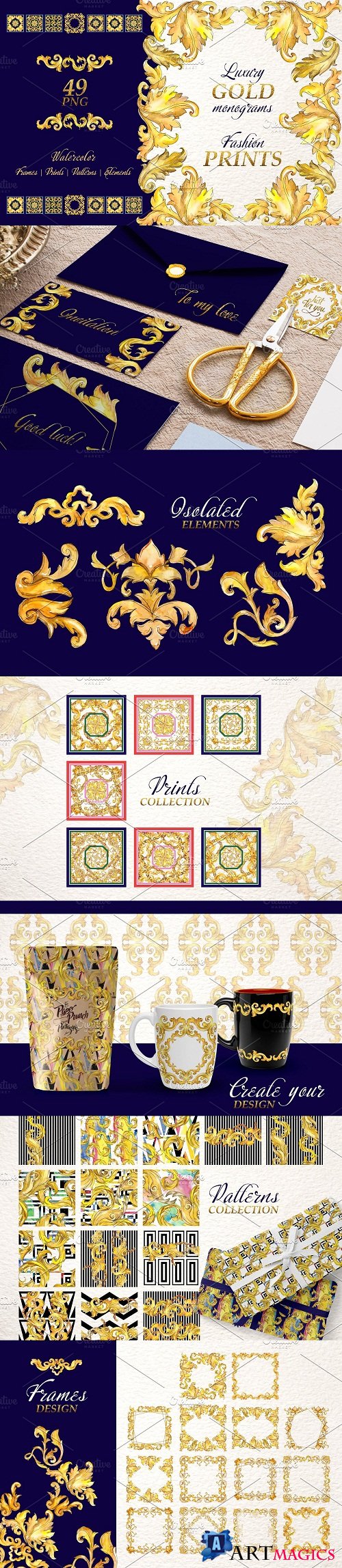 Luxury gold monograms Watercolor png - 3554086