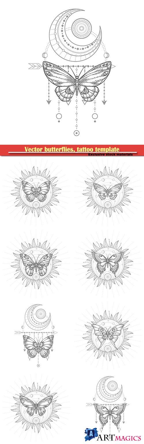 Vector butterflies, tattoo template