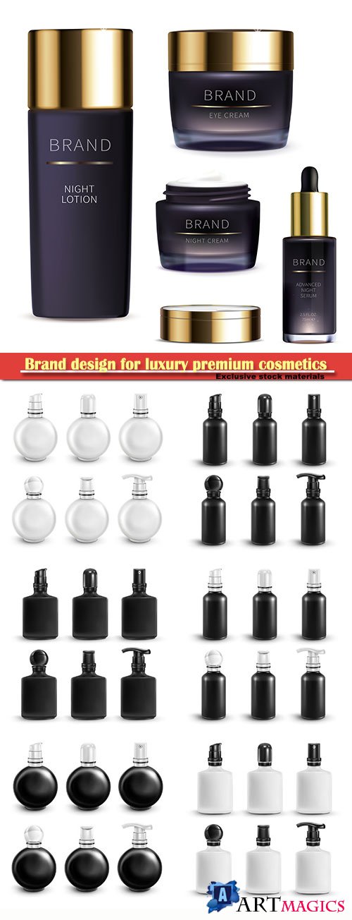 Brand design for luxury premium cosmetics, vector mock up set with black and white vial