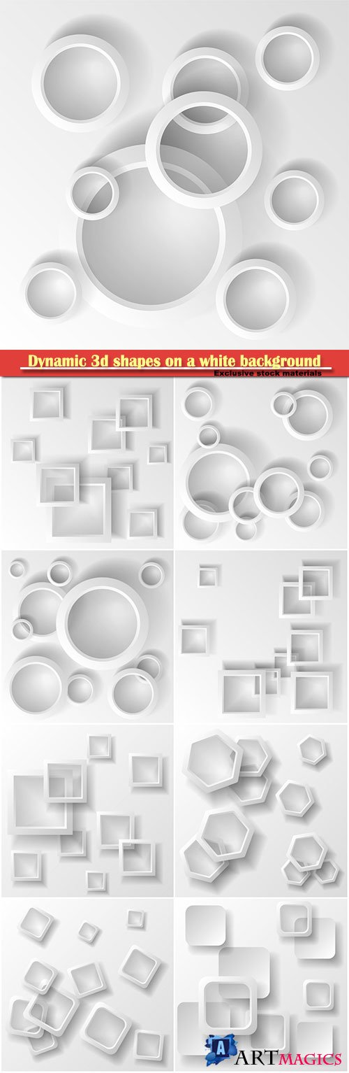 Dynamic 3d shapes on a white background, design for abstract geometric background