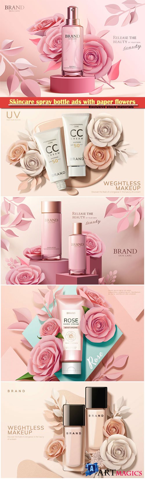 Skincare spray bottle ads with paper flowers, 3d illustration