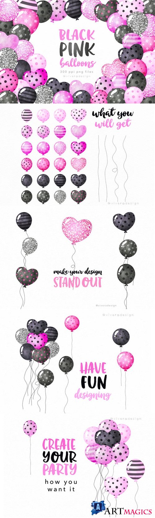 Black and Pink Watercolor Balloon Clipart