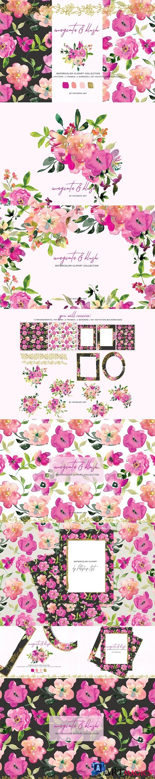 Watercolor Magenta and Blush Floral - 3591667