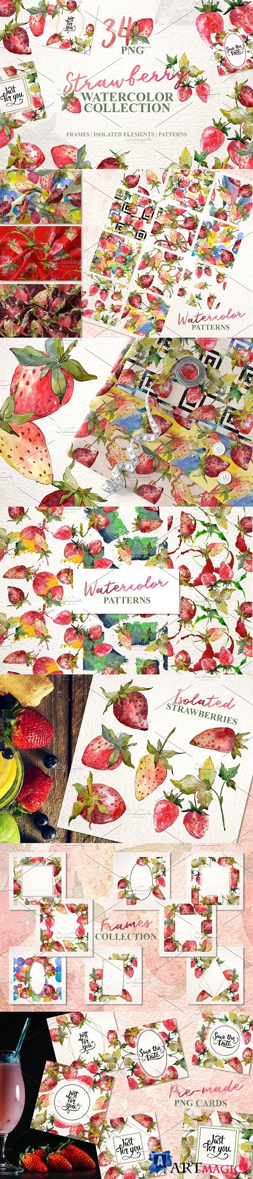 Strawberry collection Watercolor png - 3593345
