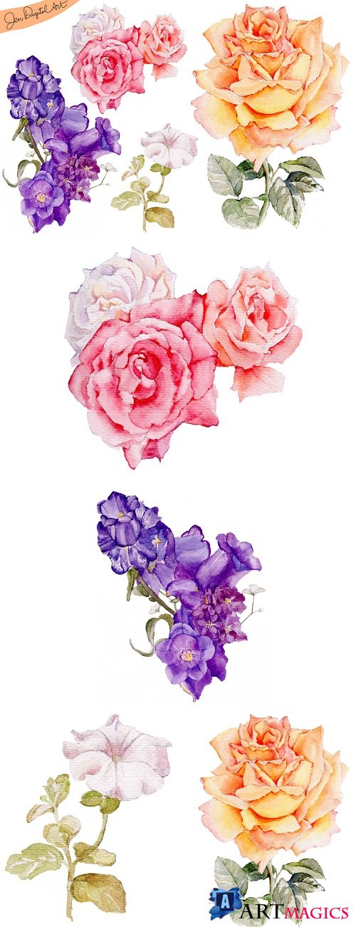 Hand Painted WATERCOLOR FLOWERS - Clip art - PNG-JPEG - 106893