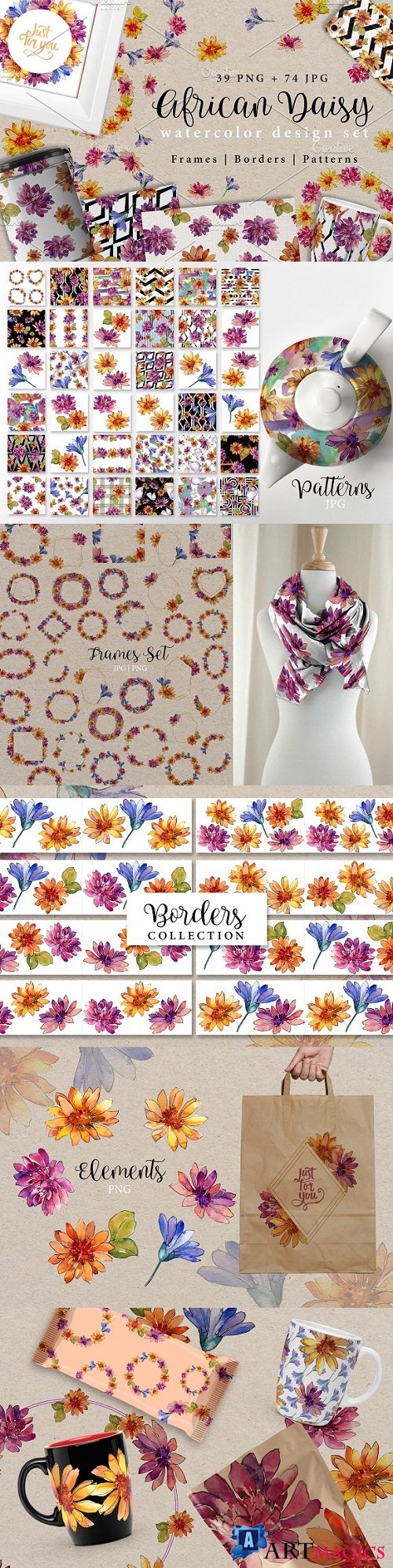 African daisy PNG watercolor set - 2962398
