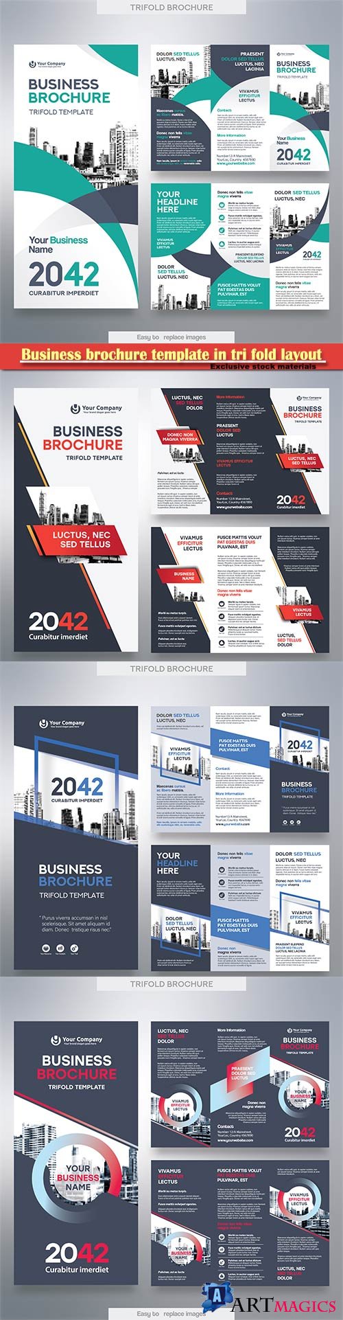 Business brochure template in tri fold layout, corporate design vector illustration
