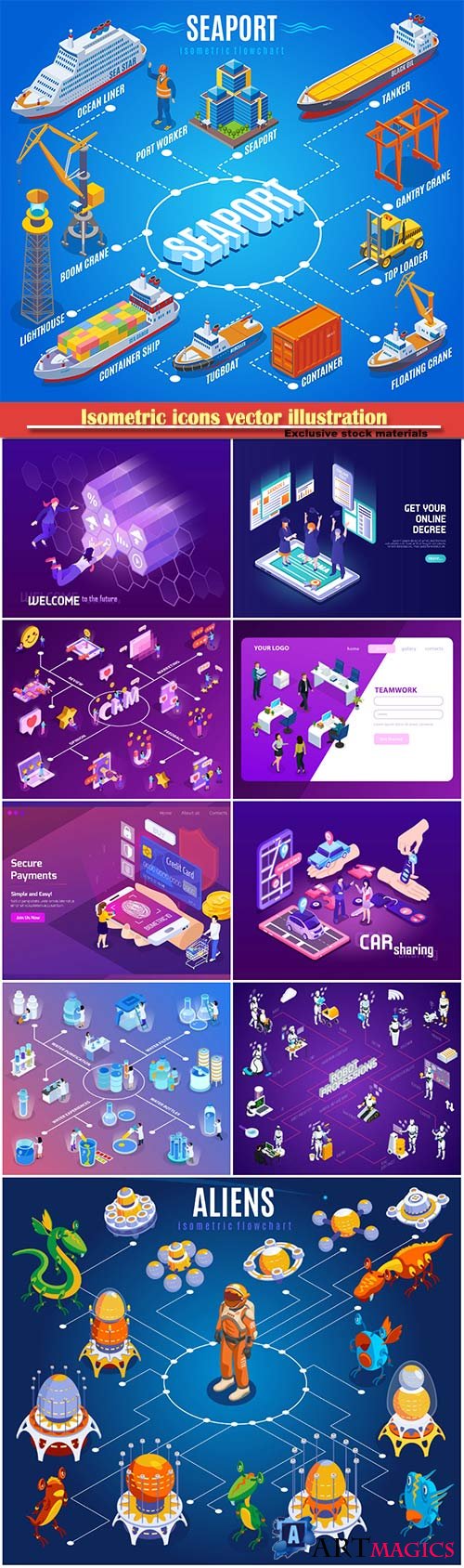 Isometric icons vector illustration, banner design template # 24