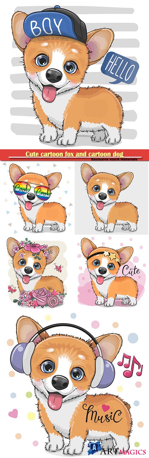 Cute cartoon fox and cartoon dog in vector illustration