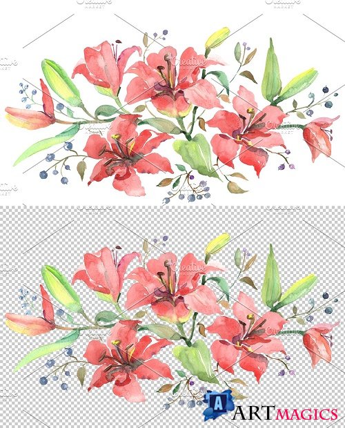 Branch of orange lilies Watercolor - 3616226