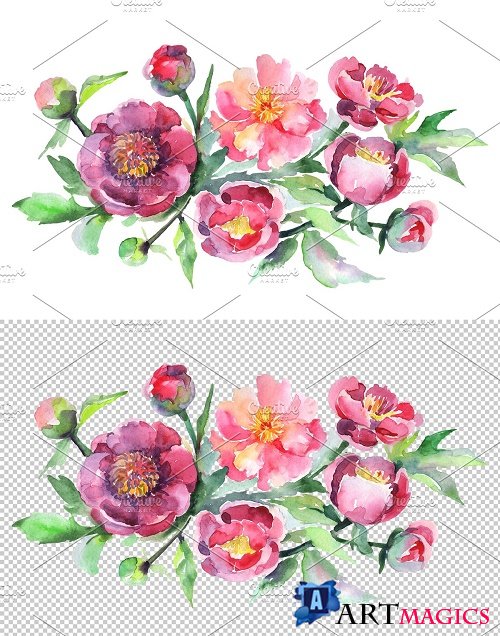 Bouquet with pink peonies Watercolor - 3611907
