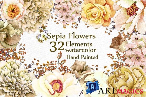 Watercolor Sepia flowers Clipart - 1632764