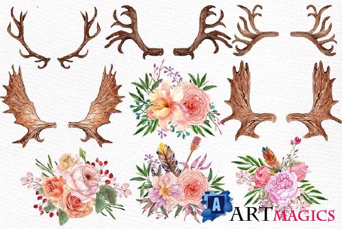 Watercolor floral antlers clipart - 509144