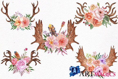 Watercolor floral antlers clipart - 509144